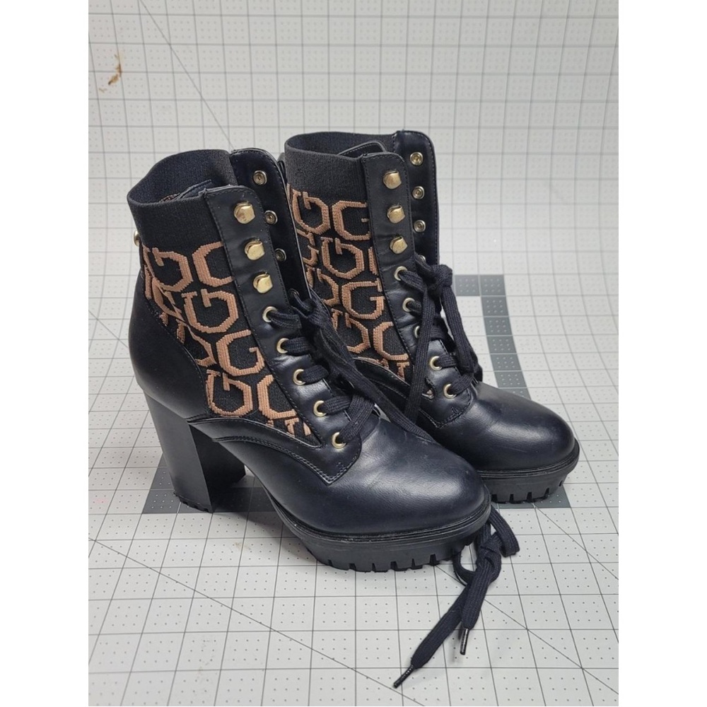 Guess Black Lace-Up Heeled Ankle Boots with Brown Monogram Knit Panels